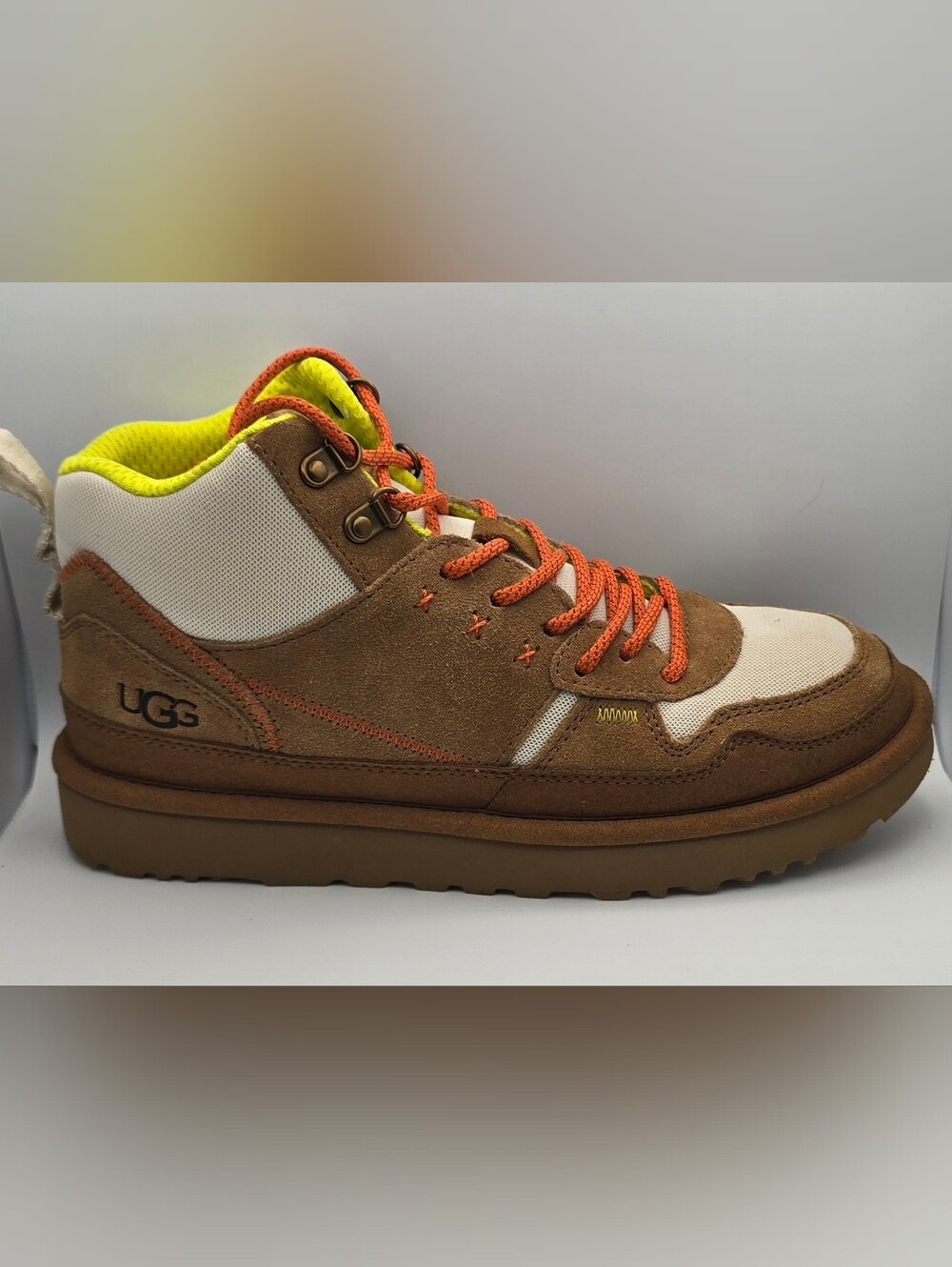 UGG Brown and Cream High-Top Suede Hiking-Style Boots with Orange Laces